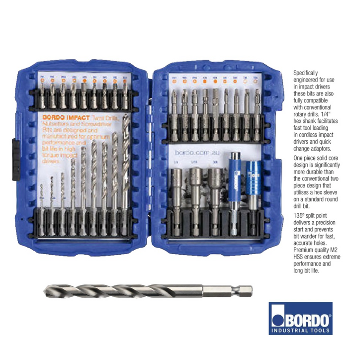 32 Piece IMPACT Screwdriver Insert Bit, Power Bit, Nutsetter Set with MP-QR+ Insert Bit Holder and Magnetic Sleeve Insert Bit Holder. Includes 2.0-8.0mm HSS Hex Shank Jobber Drills.