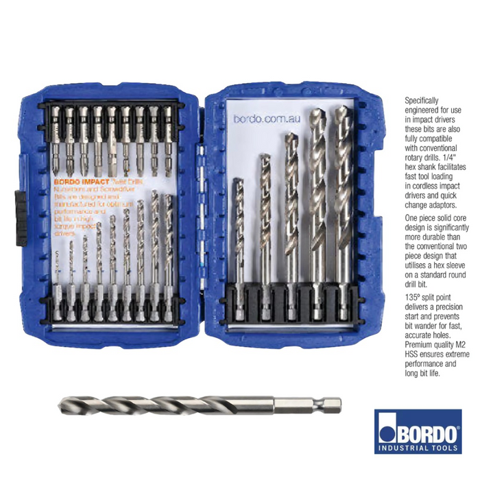 23 Piece IMPACT Screwdriver Power Bit and 2.0-13.0mm HSS Hex Shank Twist Drill Set.